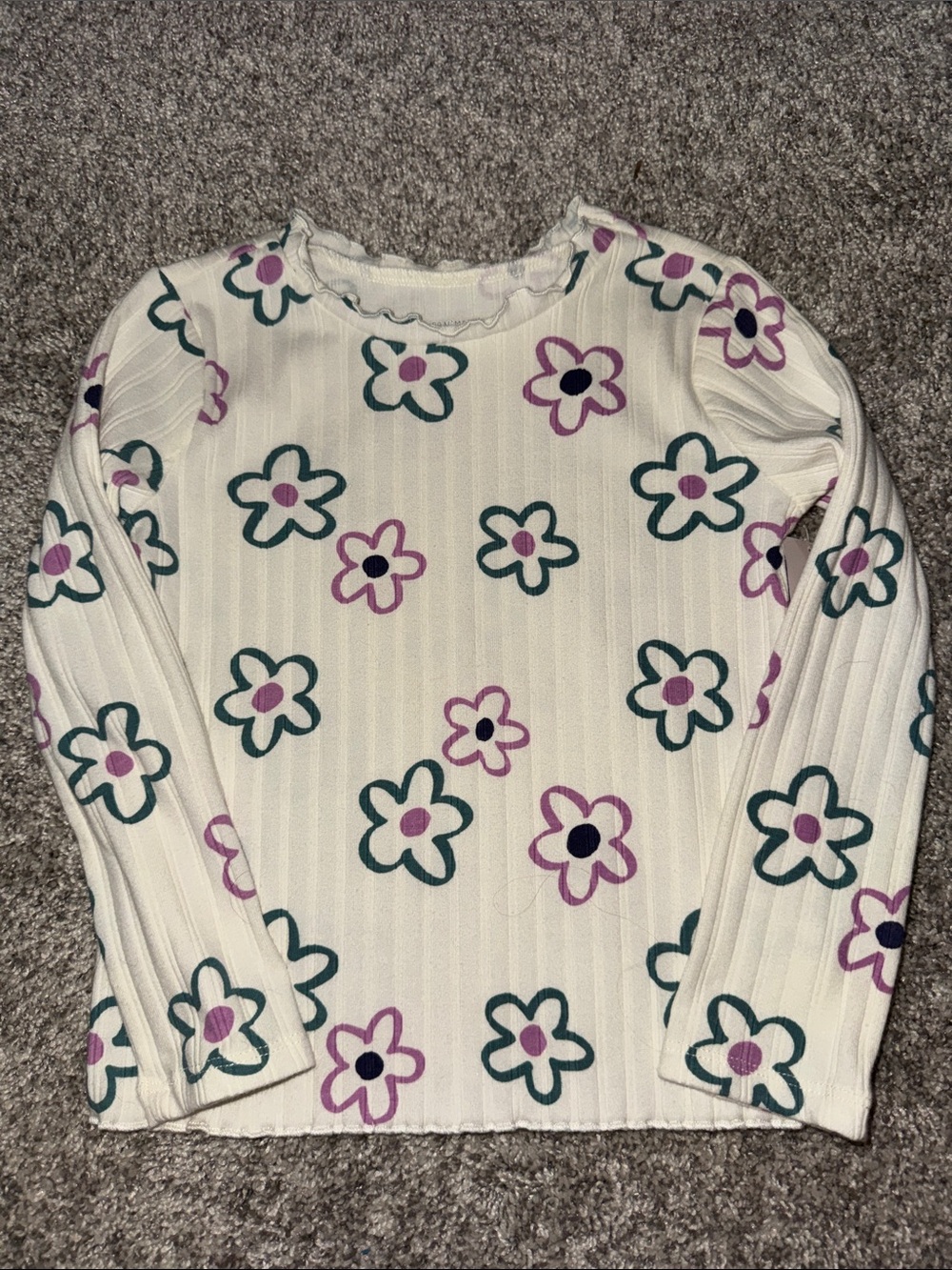 Garanimals White Ribbed Long-Sleeve Top with Purple & Teal Flowers